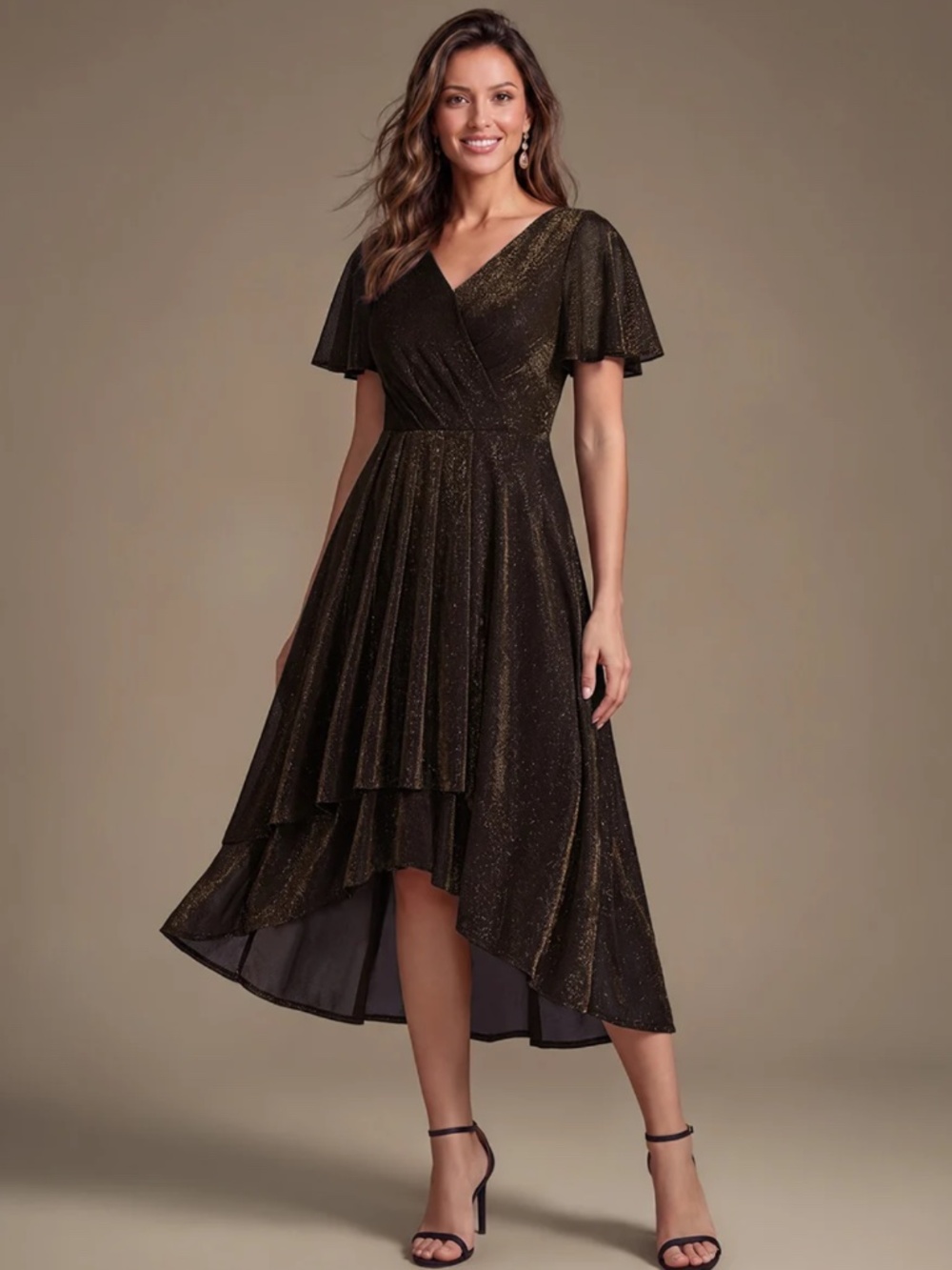 Lurex Mesh Ruffle Sleeve A-Line Cocktail Dress (Size XL)